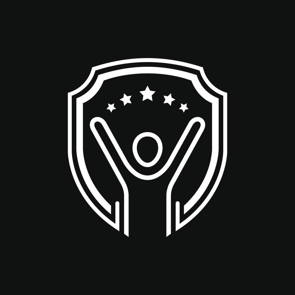 silhouette of a rising person raising hand with a shield and stars in the background logo design. vector illustration