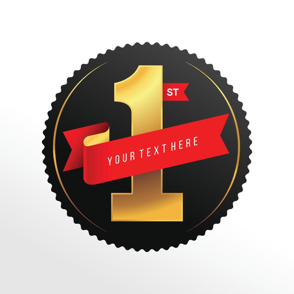 1st gold vector template with red ribbon for icon, logo, first place, medal, symbol, frame, award, anniversary, celebration, etc.