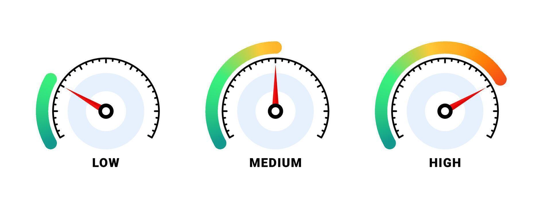 Speedometer with three gauges indicating low, medium, and high levels. Vector image