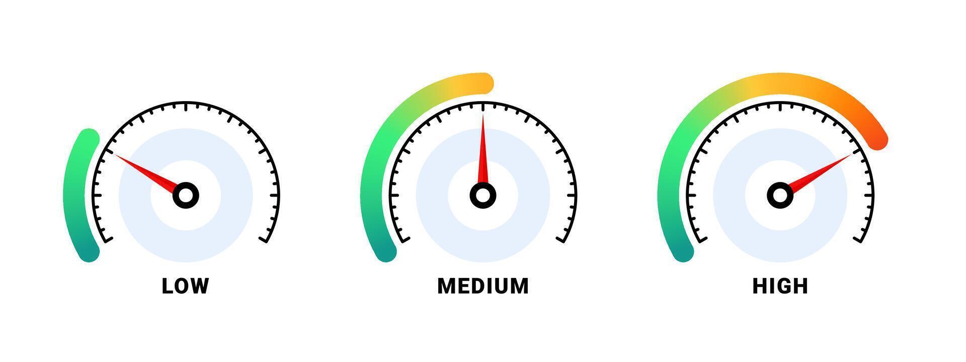 velocímetro con Tres medidores indicando bajo, medio, y alto niveles vector imagen