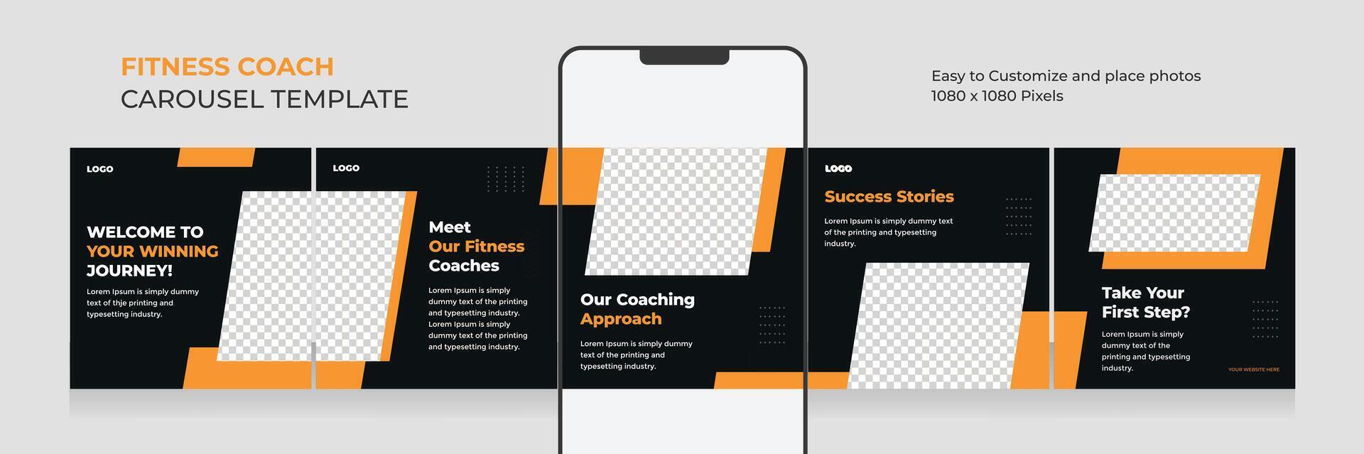 fitness and health social media carousel, carousel template for personal fitness coach, EPS vector illustration.