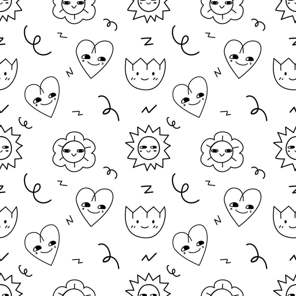 Doodle heart, sun and flower abstract handdrawn seamless pattern background for wallpaper and illustration vector