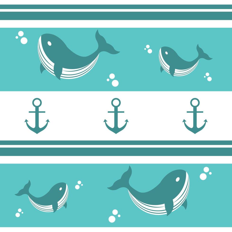 Pattern of whales, anchors and bubbles. Cute decorative seamless design for wallpaper, fabric, textiles and backgrounds and kids bedrooms. vector