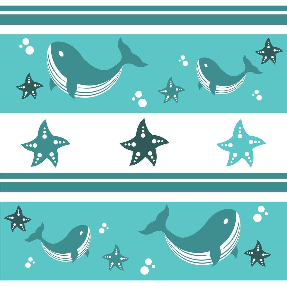 Pattern of whales with starfish and bubbles. Cute decorative design for wallpaper, fabric, textiles and backgrounds. vector