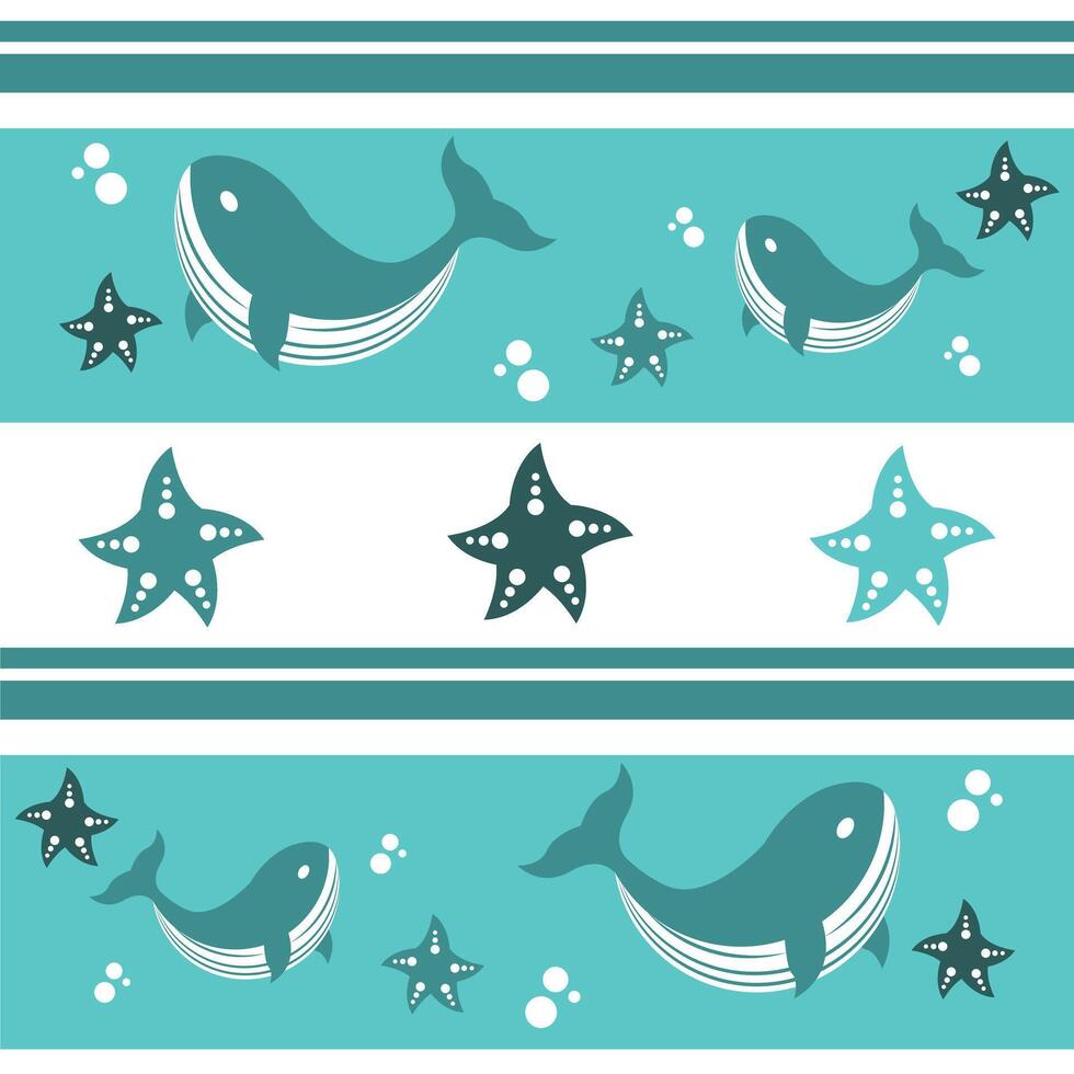 modelo de ballenas con estrella de mar y burbujas linda decorativo diseño para fondo de pantalla, tela, textiles y antecedentes. vector