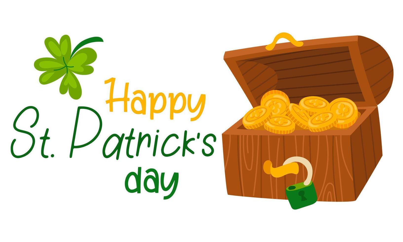 Funny Happy St. Patrick's Day inscriptions and a chest with leprechaun coins for posters, flyers, postcards, invitations, stickers, banners, gifts. Vector illustration of a modern Irishman. Rectangle