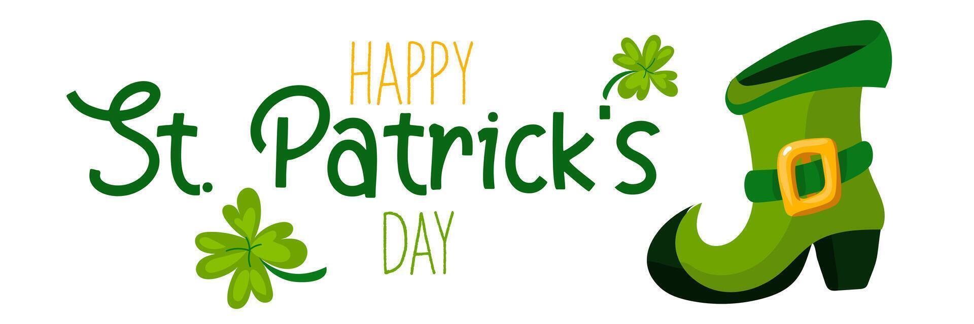 Happy St. Patrick's Day funny inscriptions and leprechaun boots with clover for posters, flyers, T-shirts, postcards, invitations, stickers, banners, gifts. Vector illustration of modern Irish