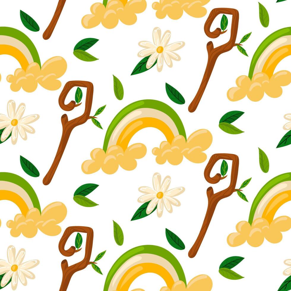 Pattern flowers spring daisies rainbow, stick with leaves. Cute hand-drawn daisy flower, rainbow and leaves on a seamless pattern background. Package. The first day of spring, St. Patrick's Day vector