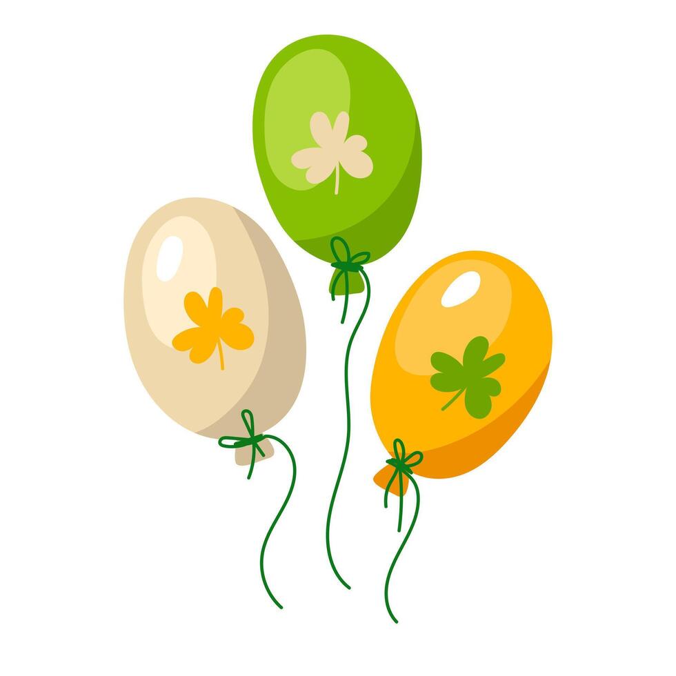 Isolated colored balls in a group with clover patterns. They fly up with a thread. For posters, flyers, stickers, banners, gifts for the St. Patrick's Day holiday. Vector illustration of modern Irish