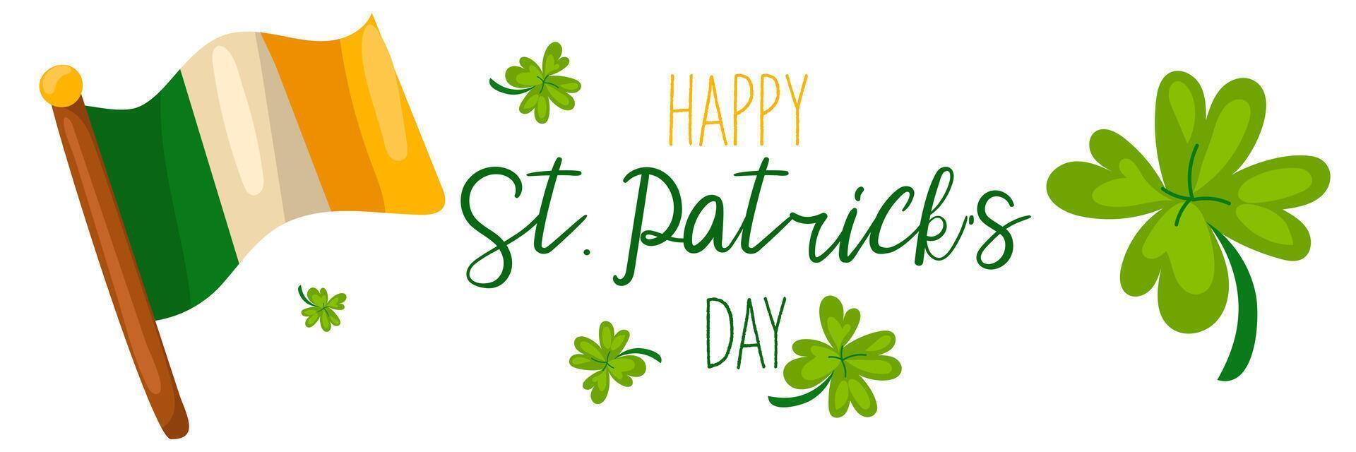 Funny inscriptions with St. Patrick's Day and the flag of Ireland for posters, flyers, postcards, invitations, stickers, banners, gifts. Vector illustration of a modern Irishman. horizontal