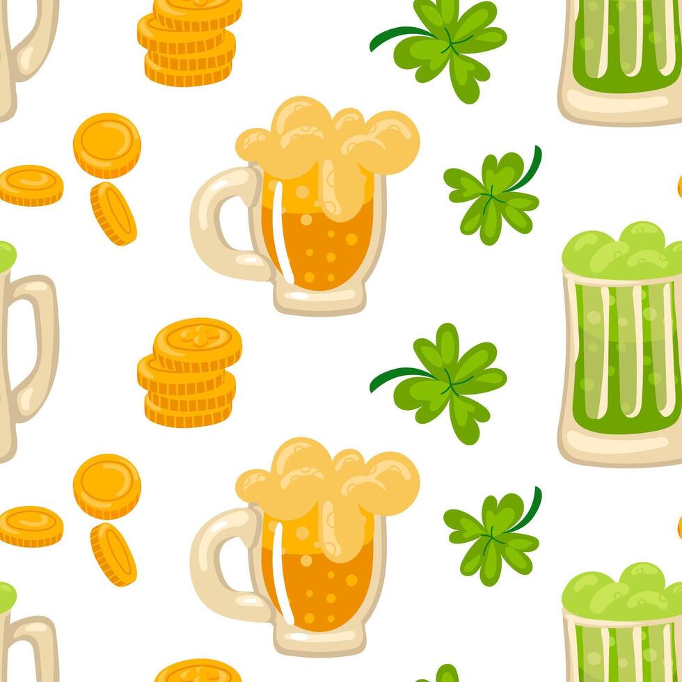 Pattern of yellow and green beer with coins and clover. Vector seamless pattern for St. Patrick's Day. Lots of coins and plants on a white background for good luck. wealth, flower, holiday, packaging