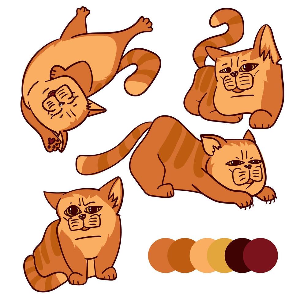 A set of cartoon red cats. Cartoon fat striped cats show emotions. An animal kitten in different poses. Vector isolated collection of red-colored cats in different emotions and positions