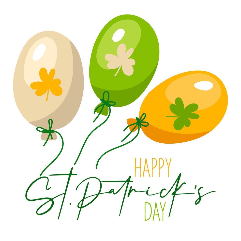 Happy St. Patrick's Day funny inscriptions and colored balls with clover for posters, flyers, T-shirts, postcards, invitations, stickers, banners, gifts. Vector illustration of modern Irish. Square