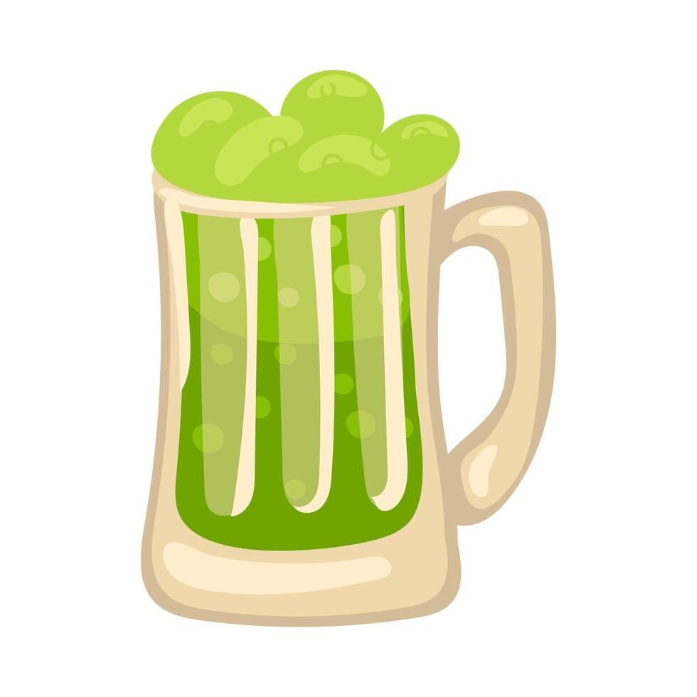 Green beer. A glass mug of green beer for St. Patrick's Day. A large glass container with colored alcohol. Foamy beer with bubbles flows out of the mug, isolated on a white background vector