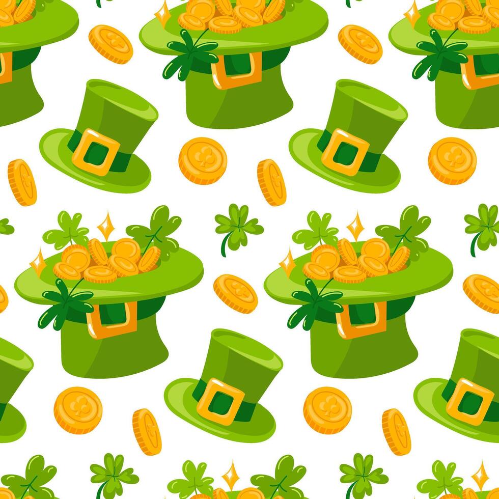 Hat pattern with clover and gold coins. Vector seamless pattern for St. Patrick's Day. Green leprechaun hat and gold coins in it on a white background. Luck, wealth, flower, holiday, packaging, repeat