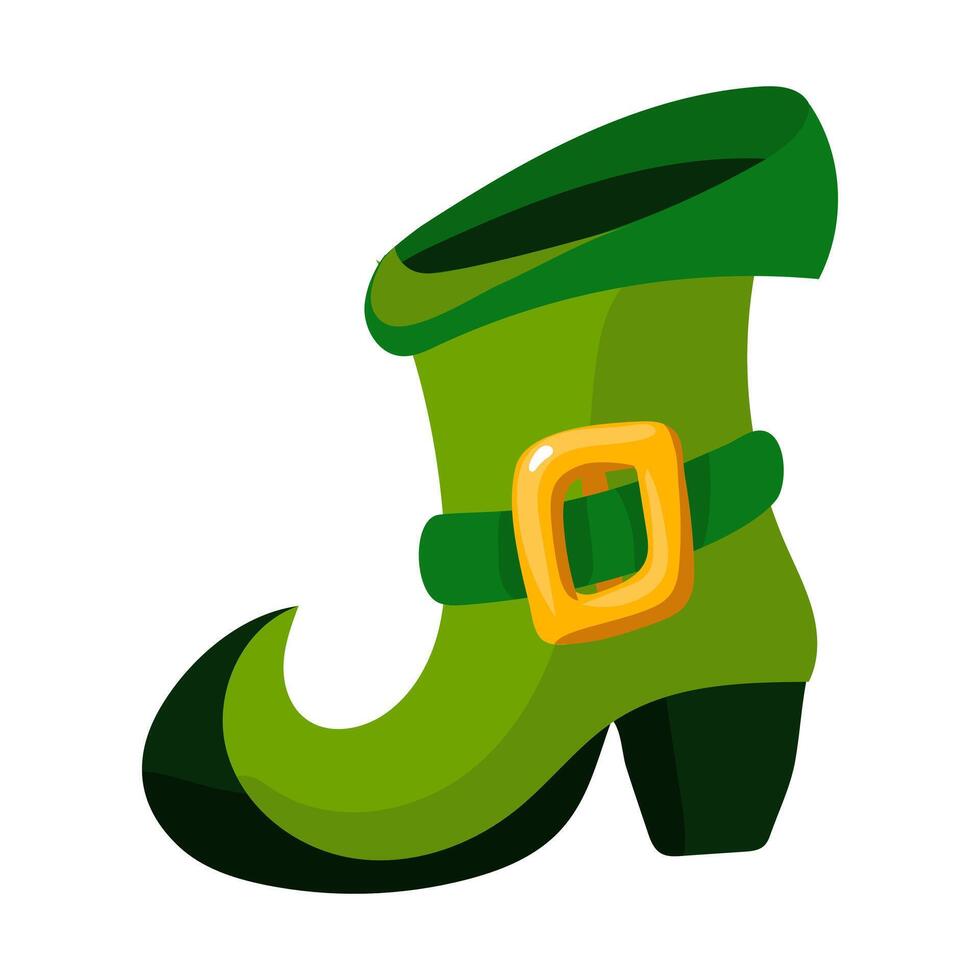 Green leprechaun boot for St. Patrick's Day, highlighted on a white background. Cute illustration in green and yellow tones. Green leprechaun boots on a white background with a space to copy vector