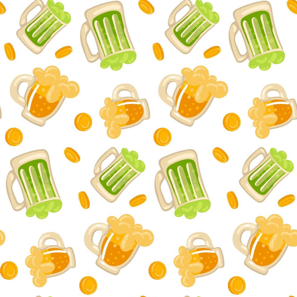 A pattern of yellow and green beer with coins. Vector seamless pattern for St. Patrick's Day. A lot of gold coins are falling on a white background for good luck. wealth, flower, holiday, packaging