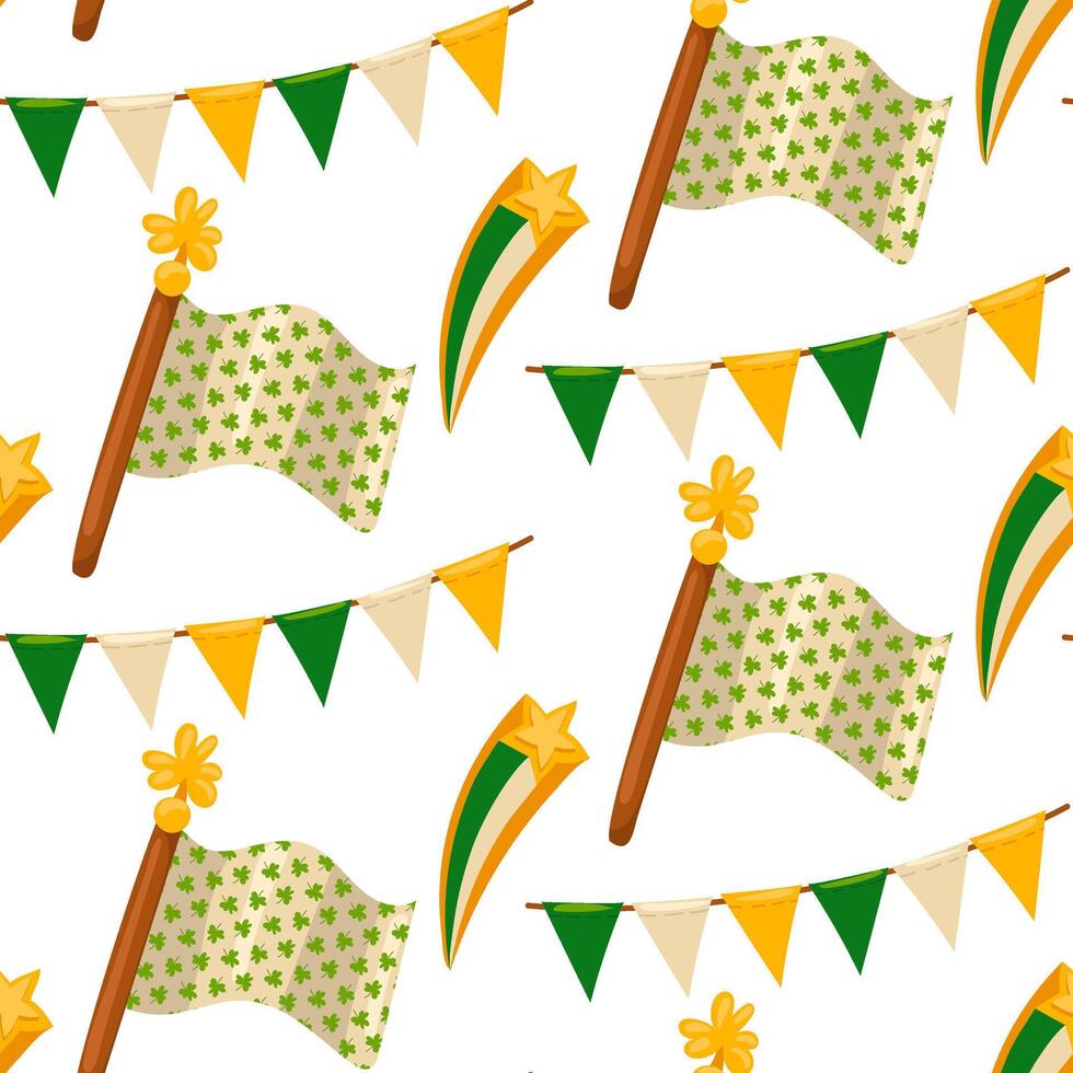 St. Patrick's Day pattern. Vector seamless background with clover leaves, flags, flagpole. Suitable for decorating St. Patrick's Day or spring. For decorating fabric, wrapping paper