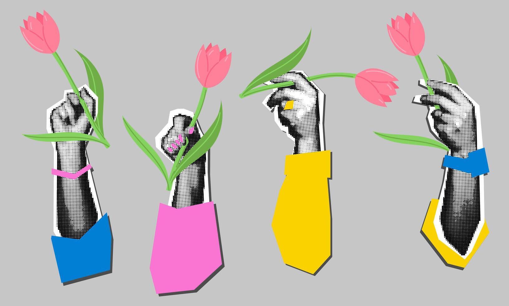 A set of women's hands with flowers. Highlighted elegant female hands . Happy International Women's Day. Female power. Feminism. Modern vector illustration in a flat style. Pop art dots collage