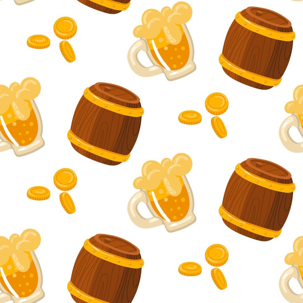 Pattern of yellow foamy beer with coins and a wooden barrel. Vector seamless pattern for St. Patrick's Day. Lots of coins and beer on a white background for good luck. wealth, holiday, packaging
