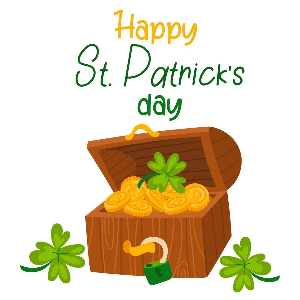 Funny Happy St. Patrick's Day inscriptions and a chest with leprechaun coins for posters, flyers, postcards, invitations, stickers, banners, gifts. Vector illustration of a modern Irishman. Square