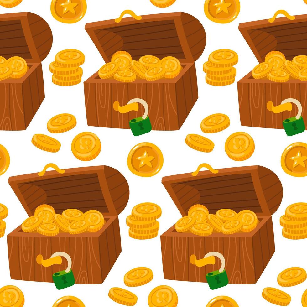 Pattern is a chest with gold coins. Wooden open chest in repeat background with vector seamless pattern. Gold money and gold coins from pirate treasures, the wealth of the leprechaun of wealth pattern
