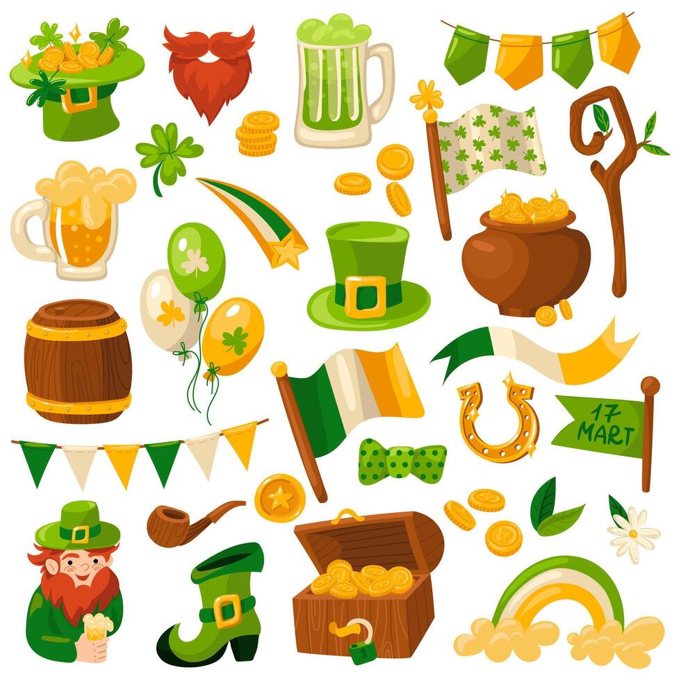 un grande conjunto de vector diseño elementos para S t. patrick's día. sombrero, barba, de madera tubo, cerveza taza, irlandesa bandera, bota, arco, cofre de oro, globos aislado elementos para un fiesta en un blanco antecedentes