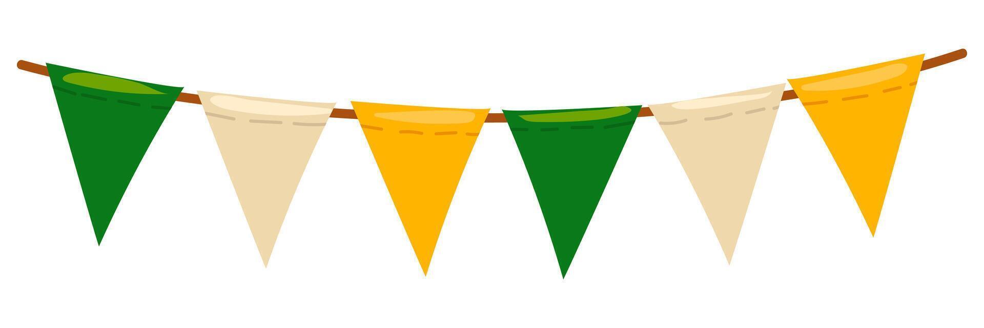 Festive garland in honor of St. Patrick's Day. Colorful festive headband. Isolated on a white background. Vector illustration in Irish colors. Repeating small flags triangles on the thread