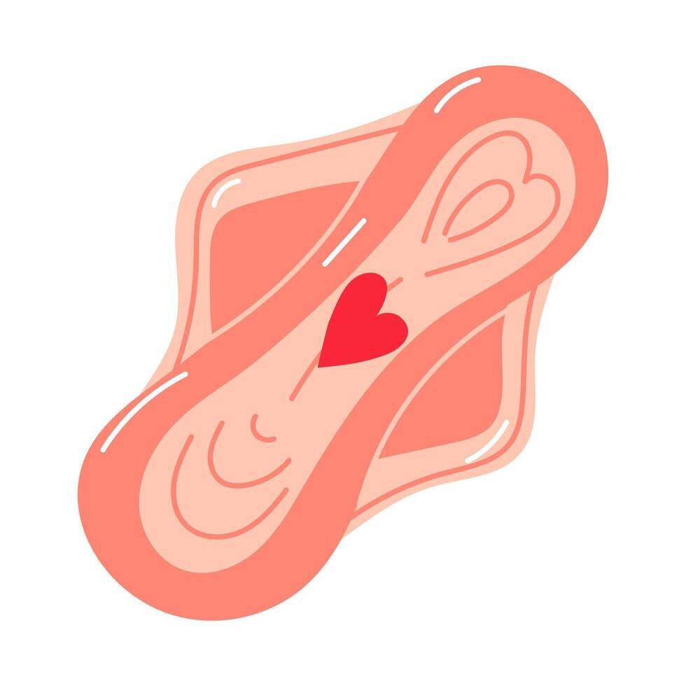 A heart-shaped blood pad. Cartoon vector illustration of a sanitary napkin with a bloodstain in the shape of a heart on a white background. Women's Days