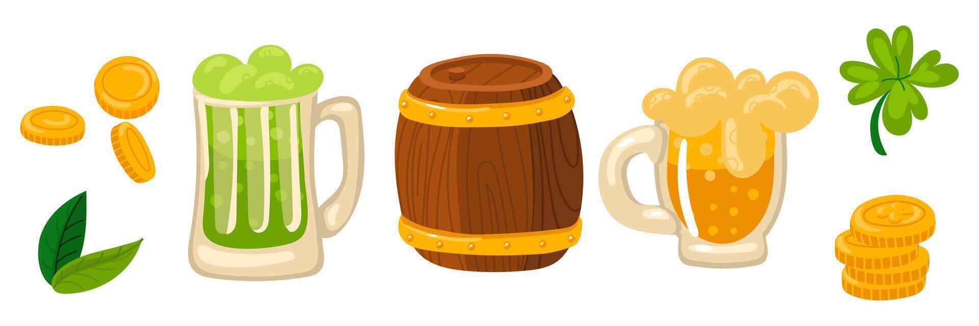 Set of beer in mug, barrel, coins, clover. St. Patrick's Day. Badges for the holiday beer mug, clover, green leaves, green beer, wooden barrel, gold coins Isolated vector objects for the holiday, bar