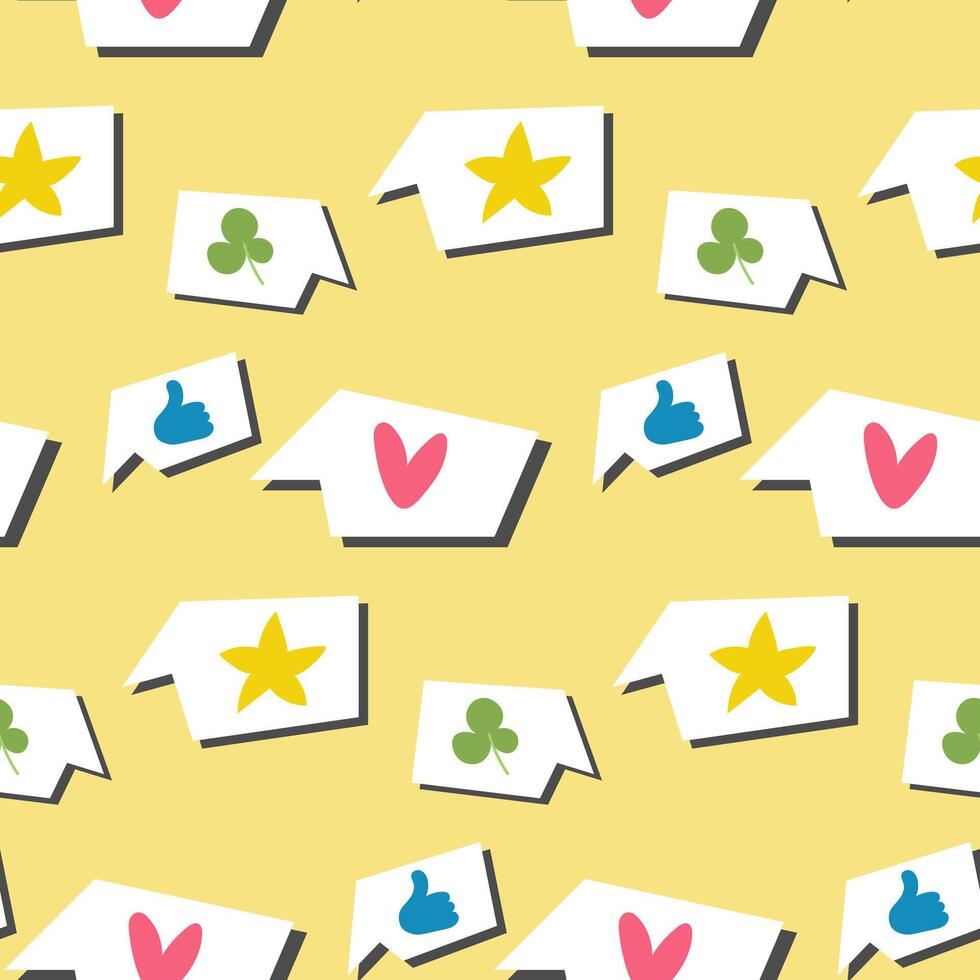 A pattern with speech clouds of compliments. A hand-drawn set of speech bubbles. Vector seamless drawing. Endless abstract background. Heart, star, thumbs up on a yellow background. Collage