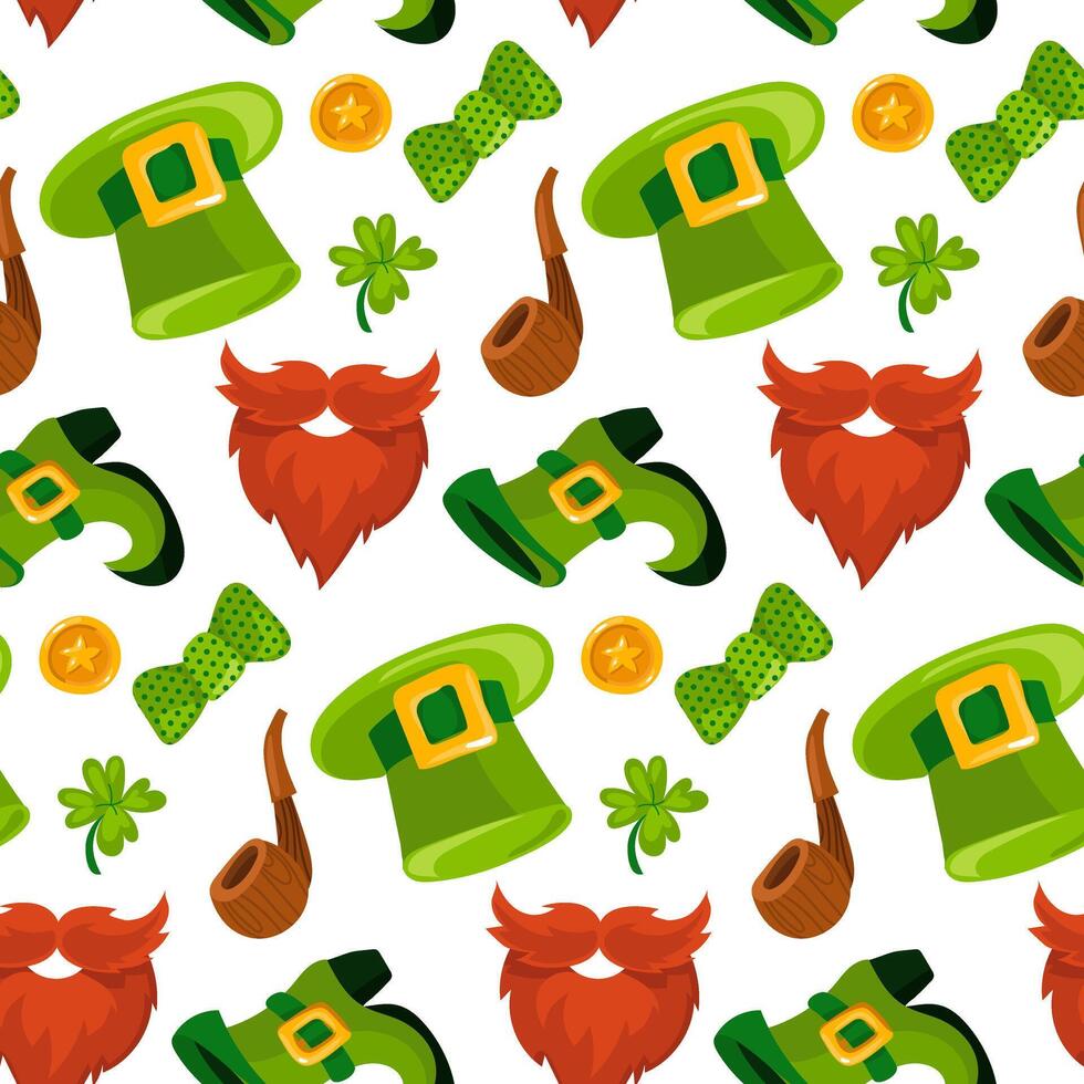 Pattern is a green hat, beard, shoe, pipe, butterfly, clover, coin. Vector seamless pattern for St. Patrick's Day. Attributes of a leprechaun for good luck on a white. Luck, wealth, holiday, packaging