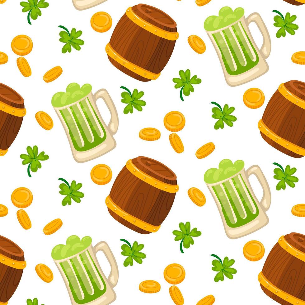 Pattern of green beer with coins, clover and a wooden barrel. Vector seamless pattern for St. Patrick's Day. Lots of coins and plants on a white background for good luck. wealth, holiday, packaging