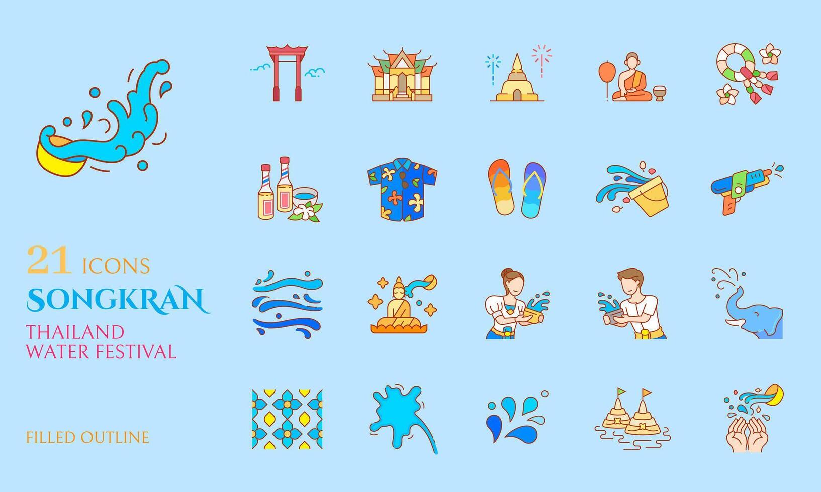 Songkran icono lleno contorno para celebrar Tailandia agua festival budismo nuevo año vector