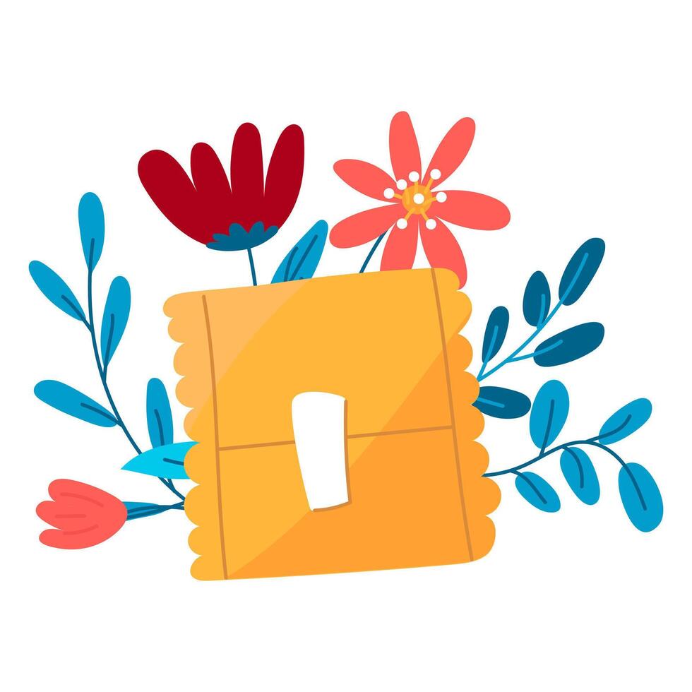 Closed sanitary pad is yellow in color. A gasket for a woman's menstruation in a closed container is an element of a vector illustration of a package icon in a flat style and in flowers and branches