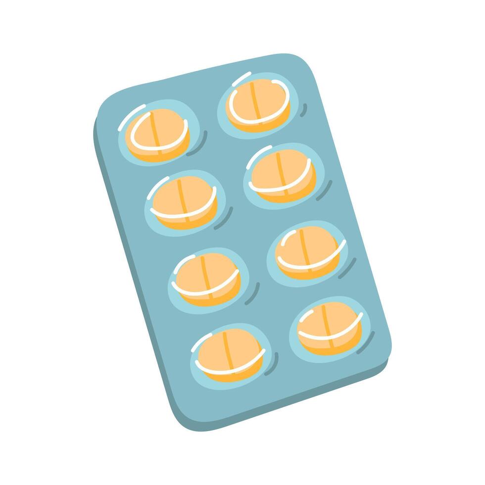 A plate of painkiller tablets for menstruation. A blue blister with yellow tablets. Medical care for severe pain. Medical treatment. Part of the item from the complete set for PMS vector