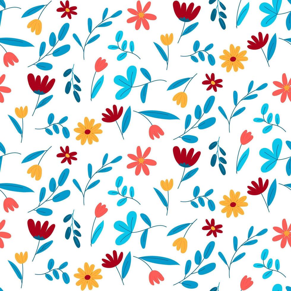 The pattern of flowers and branches. Seamless flat floral pattern on a white background. Bright vector illustration with spring flowers and branches. Cute seamless illustration