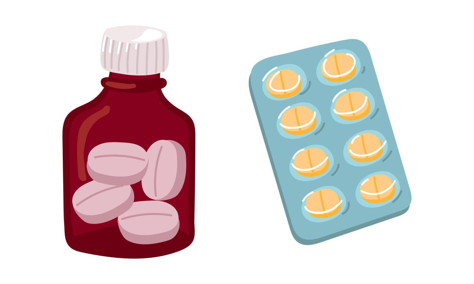 A set of tablets in a glass jar and a blister. The round pill bottle is closed. Containers with medicines. White pills. Isolated vector illustration. A flat illustration. Collection