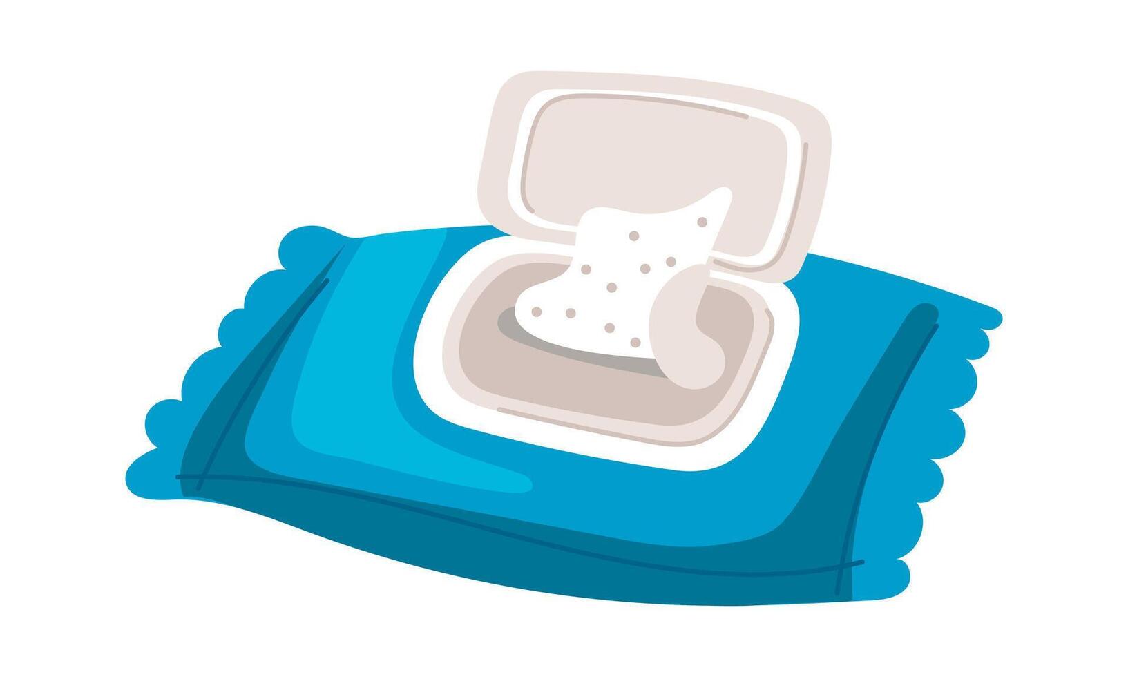 An open pack of wet wipes. Vector napkins pack. Wet tissue wipes in a blue pack. An isolated hygiene item, a flat illustration of hygiene products. An open pack