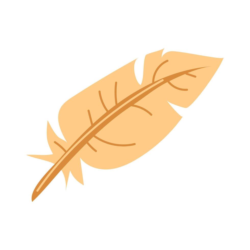 The flat feather is fluffy and isolated on white. Vector illustration of a cartoon yellow feather. The concept of a bird's feather and decor. A light, fluffy object