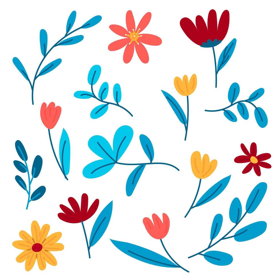un conjunto de brillante primavera flores es plano por mano. resumen tulipán, manzanilla, nomeolvides, girasol, sucursales, hojas. un plano vector ilustración aislado en un blanco antecedentes. azul rojo amarillo