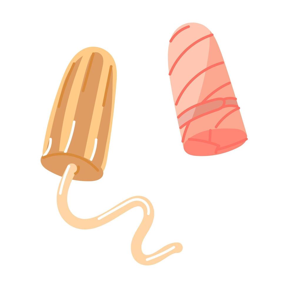 The tampon set is open and in the package. A set of female tampons during the menstrual cycle, Packed and open. Women's hygiene during menstruation. The vector illustration is flat