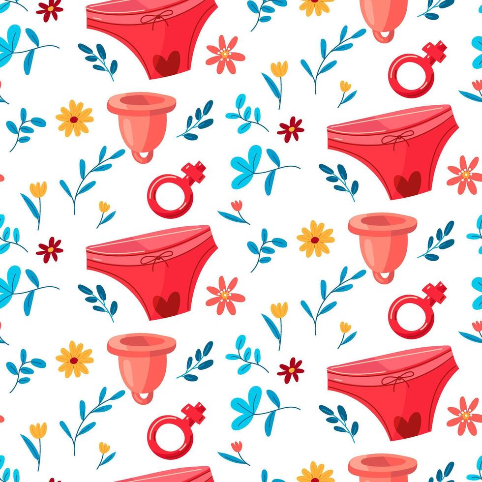 Menstruation pattern of panties, menstrual cup, gender sign with flowers and branches. The concept of a woman's regular menstrual cycle. Menstrual period, premenstrual syndrome, vector
