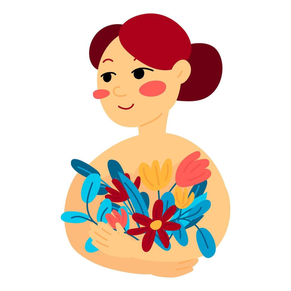 A girl hugs flowers for women's health. A woman hugs flowers and herself. A simple vector illustration of a girl with flowers. March 8th. Women's day. Love yourself isolated on a white background