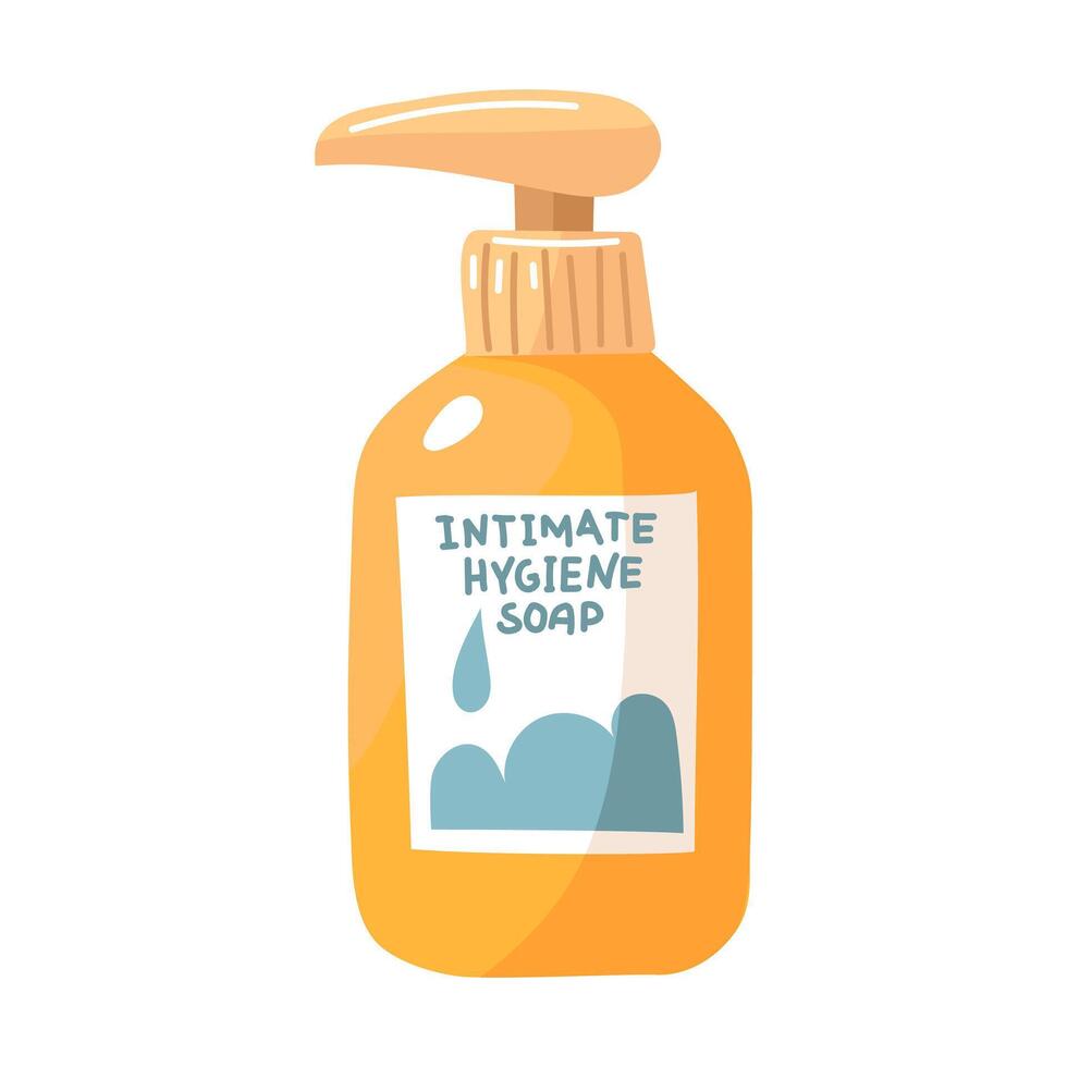 Liquid soap for intimate hygiene flat. Feminine hygiene gel in a bottle with a pump and dispenser. Gynecological cosmetic liquid for body care. Flat vector illustration isolated on a white background