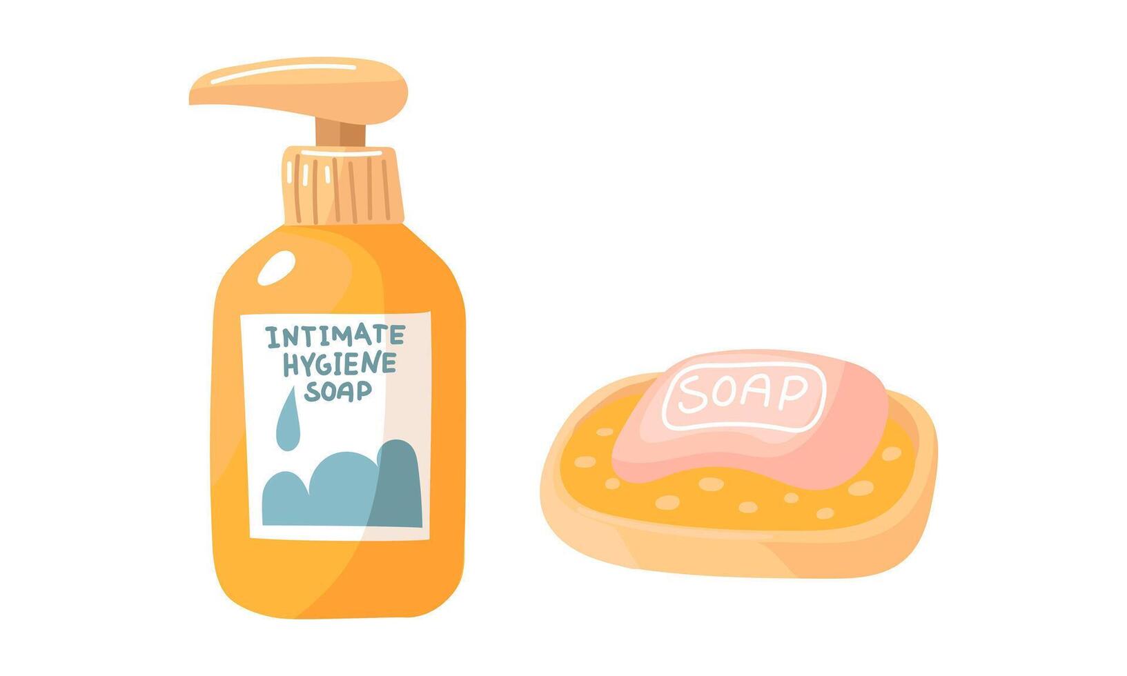soap set is liquid and in a soap dish. A flat cosmetic soap icon in a simple style. Vector illustration. A pink piece of soap with an inscription and a yellow bottle for hygiene. Isolated on a white
