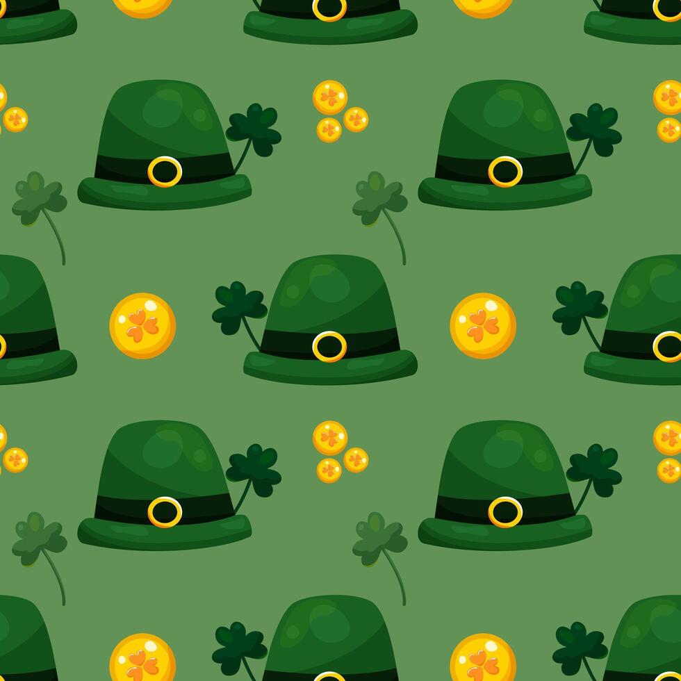 Seamless pattern for St. Patrick's Day with green hats, gold coins and clover twigs on green background. Festive pattern for packaging design, background and decor vector