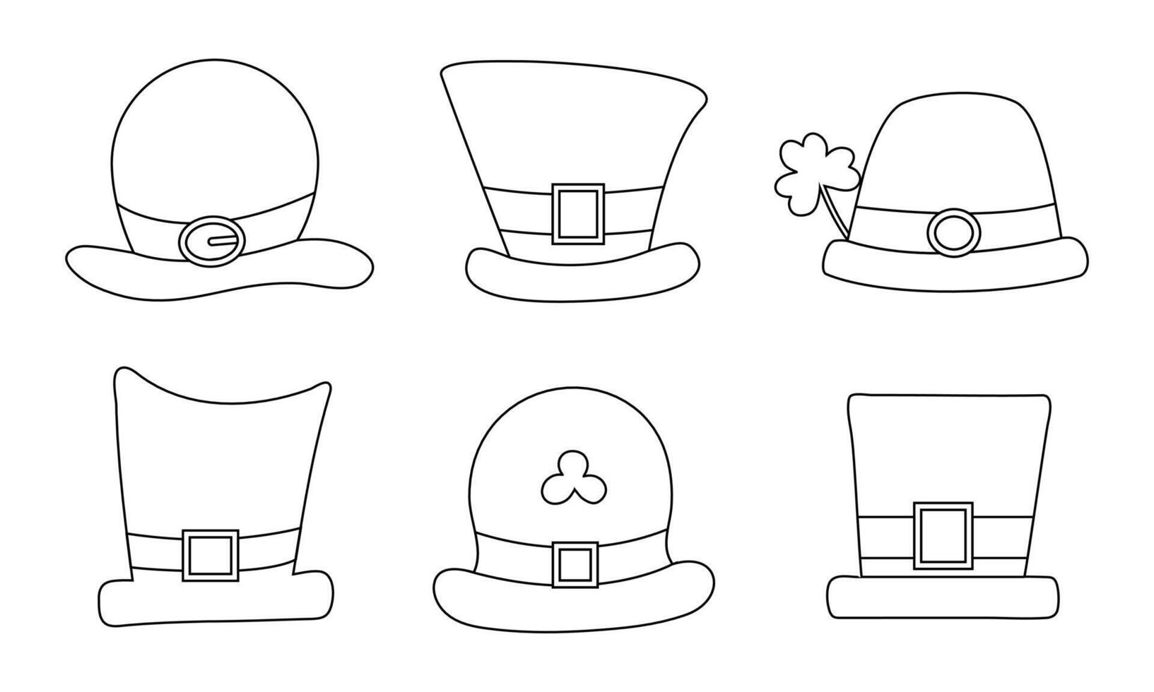 Set of St. Patrick's hats drawn in one line for coloring book. Coloring page for children on St. Patrick's Day. vector