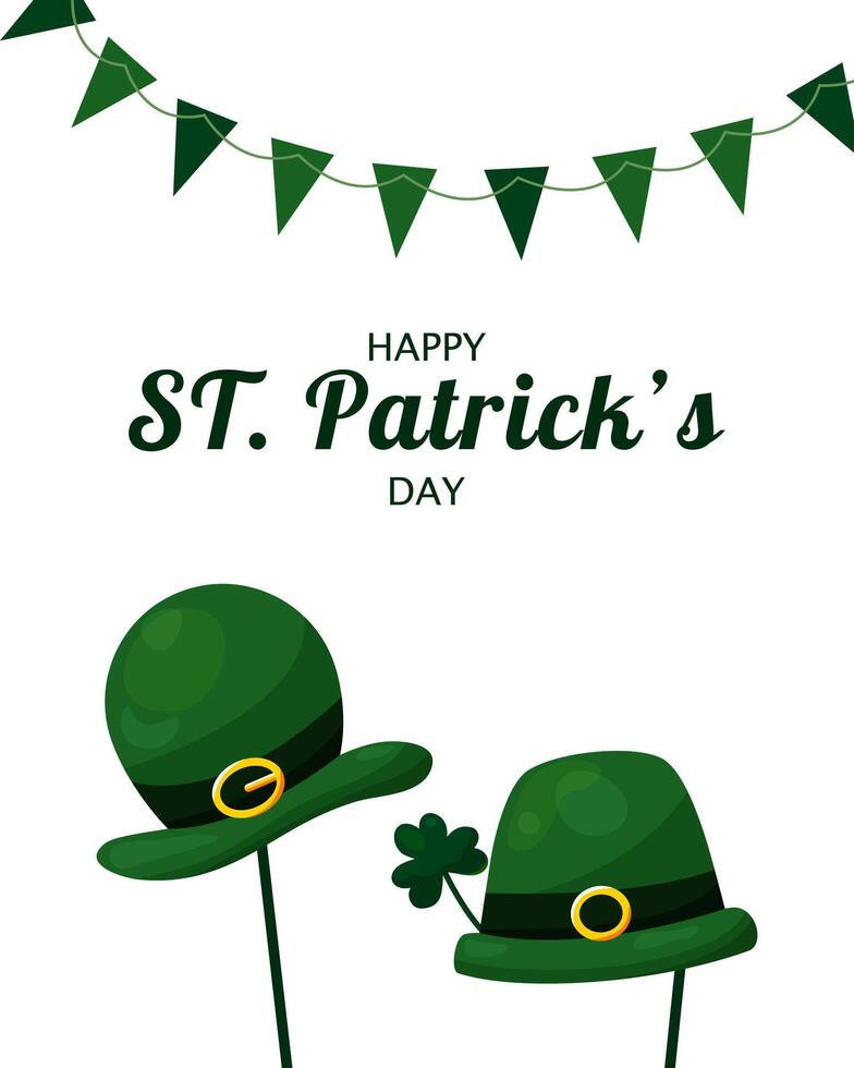 S t. patrick's día tarjeta con verde duende sombreros en palos y guirnaldas de banderas en blanco antecedentes. festivo antecedentes para web usar, impresión y único festivo diseño. vector