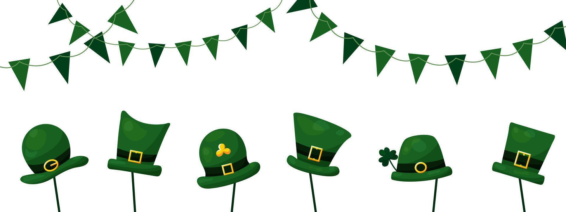 St. Patrick's Day banner with green Elf hats on sticks and garlands of flags on white background. Festive background for web use, printing and unique festive design. vector